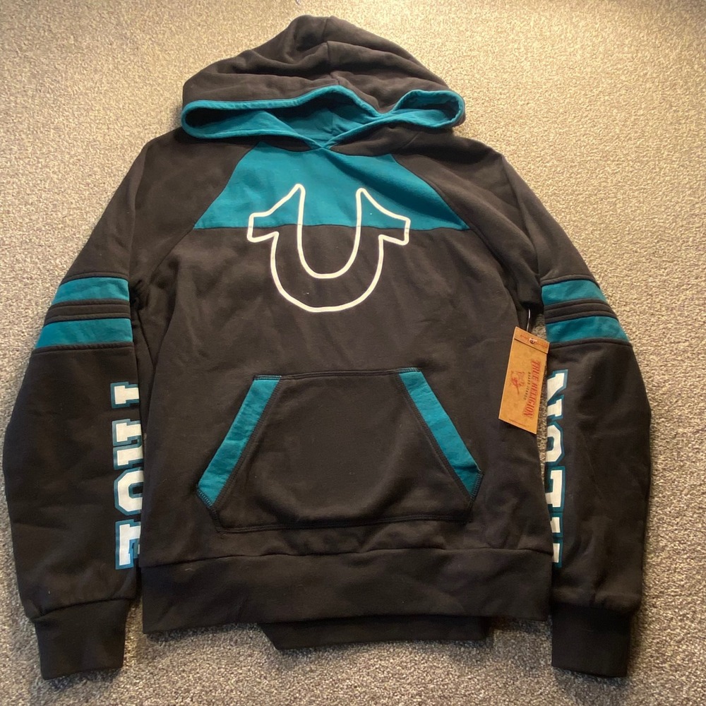 True Religion Mens XL Black Deep Teal Panel Pullover Hoodie NWT 200703 Logo